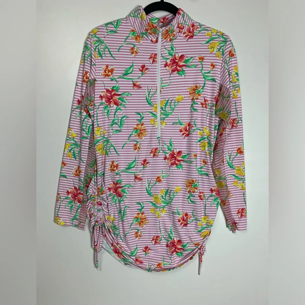 IBKUL Womens Top Large 1/4 Zip UPF Long Sleeve Pink Floral Mesh Golf Pickleball